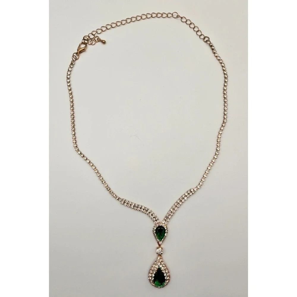 Emerald Green Teardrop‎ Rhinestone Necklace Gold Prom Bridal Pageant Formal Glam